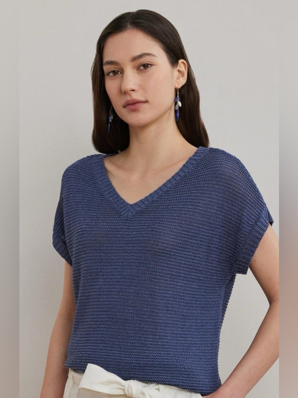 Ralph Lauren Slate-Blue V-Neck linen blend Knit Top